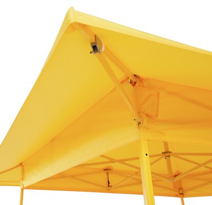 The yellow gazebo has a yellow awning. Moreover the construction of the gazebo is displayed in detail.  