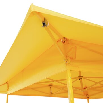 The yellow gazebo has a yellow awning. Moreover the construction of the gazebo is displayed in detail.  