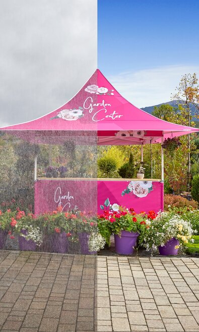 Tentes pliantes Mastertent  :  100% imperméables avec auvent (s),  entièrement imprimées, utilisables par beau temps ou en cas d'intempéries. 