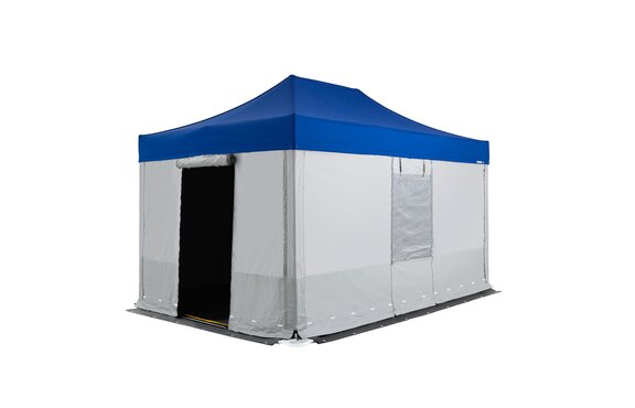 Tenda speciale Kit-Rescue in rosso e bianco con pareti laterali e pavimento