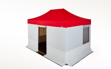 Tente spéciale Kit-Rescue en rouge et blanc avec parois latérales et plancher