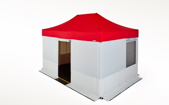 Kit-Rescue special tent in red and white with side walls and floor