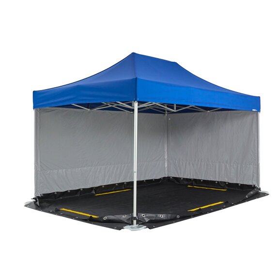 Il gazebo pieghevole rosso ha due pareti Rescue e un pavimento antiscivolo color nero.  