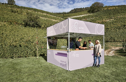 The vintner is conducting a wine tasting under a gazebo by MASTERTENT. Guests are tasting wine and cheese in front of the gazebo. 