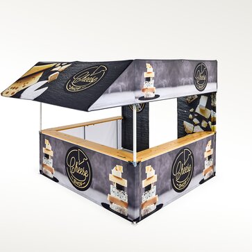 The gazebo with flat roof has a canopy. The counter is used for selling cheese. The entire gazebo is printed.