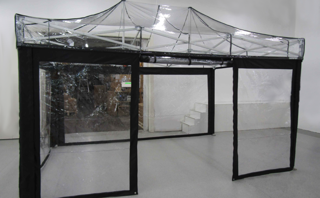 Custom-made folding transparent pvc gazebo with black borders, order from Japan for event
