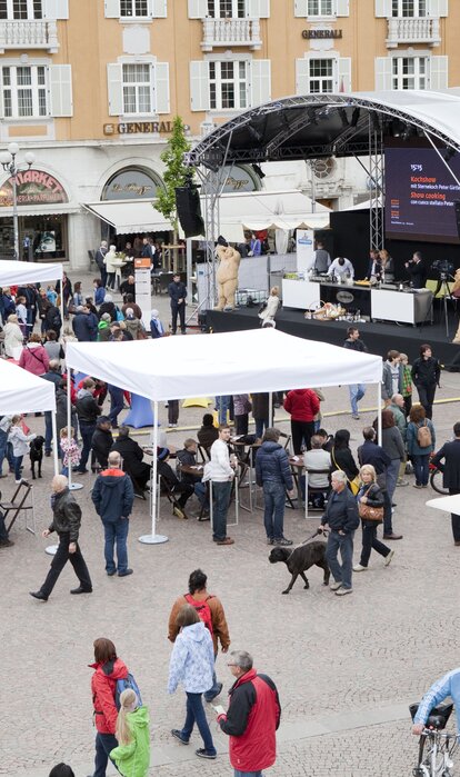 Many white custom-made gazebos with flat roofs at a festival. 