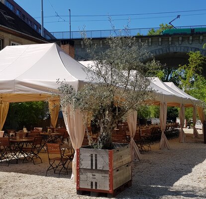 Gazebo pieghevole Mastertent 6x4 m color ecru con tende decorative copripale nel dehor di una trattoria, ombreggia tavoli in legno
