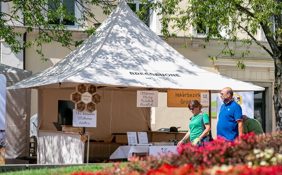 Gazebo pieghevole Mastertent 3x3 ecru con tettoie, parete con porta e parete a mezza altezza con bancone, personalizzato città Bressanone per mercatino artigianale