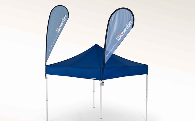 Blue s and xl Beachflags on the top of a Mastertent gazebo