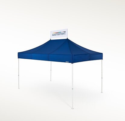 A white banner is attached at the roof of a blue gazebo. 