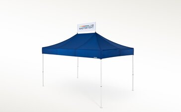 A white banner is attached at the roof of a blue gazebo. 