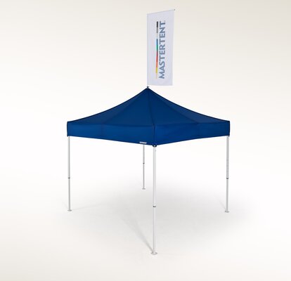 White flag attached at the roof of a blue gazebo. 