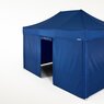 Blue gazebo with closed side walls and one side wall with door. All side walls are blue. 