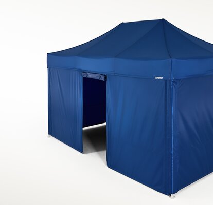 Blue gazebo with closed side walls and one side wall with door. All side walls are blue. 