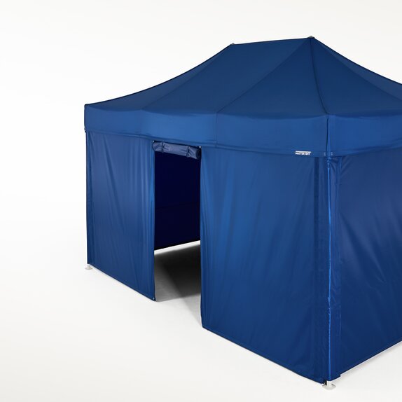 Blue gazebo with closed side walls and one side wall with door. All side walls are blue. 