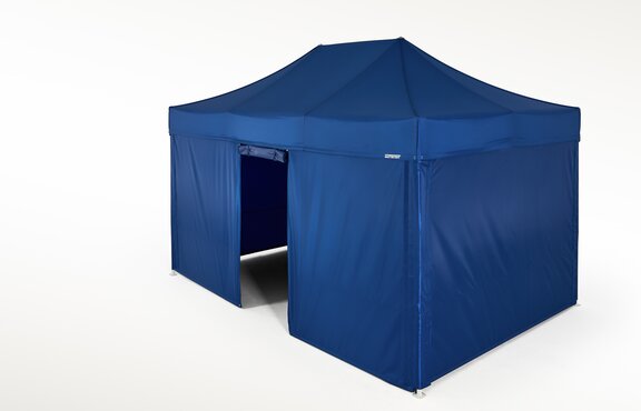Blue gazebo with closed side walls and one side wall with door. All side walls are blue. 