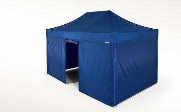 Blue gazebo with closed side walls and one side wall with door. All side walls are blue. 