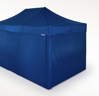 Blue gazebo with closed blue standard side walls. 