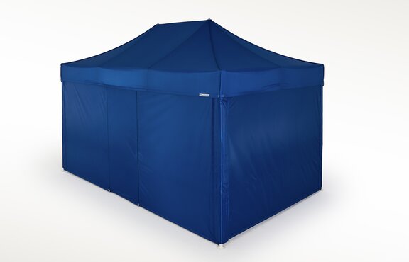 Blue gazebo with closed blue standard side walls. 