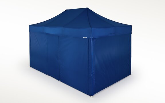 Blue gazebo with closed blue standard side walls. 