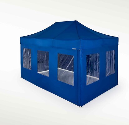 Blue gazebo with blue sidewalls and windows