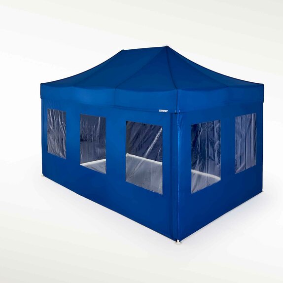 Blue gazebo with blue sidewalls and windows