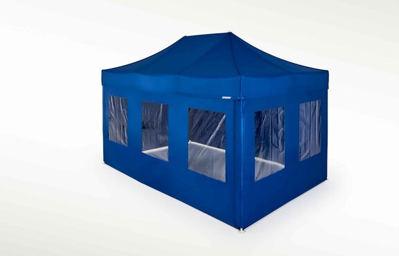 Blue gazebo with blue sidewalls and windows