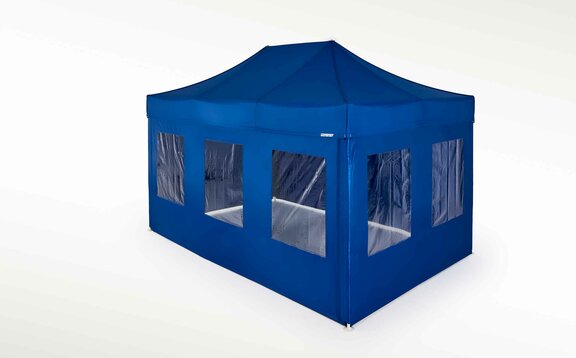 Blue gazebo with blue sidewalls and windows