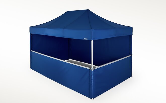 Blue gazebo with 2 side walls at half height. There are two closed sidewalls at the back.