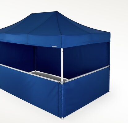 Blue gazebo with 2 side walls at half height. There are two closed sidewalls at the back.