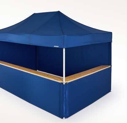 Blue gazebo with 4 blue sidewalls. There are two closed side walls at the back and two sidewalls with counters at the front. 