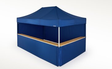Blue gazebo with 4 blue sidewalls. There are two closed side walls at the back and two sidewalls with counters at the front. 