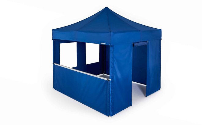 Blue gazebo with different sidewalls: one side wall with door, another sidewall with counter and a third sidewall with windows. 