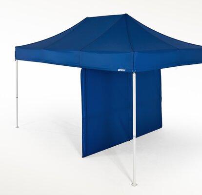 Blue gazebo with an internal partition wall.