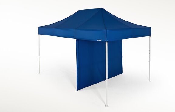 Blue gazebo with an internal partition wall.