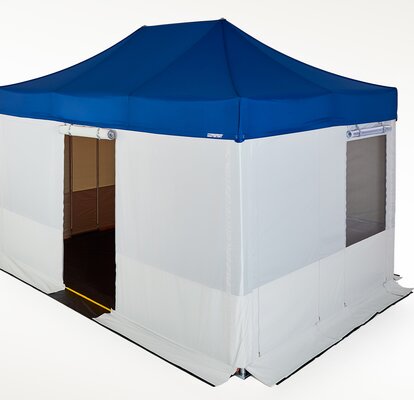 A Mastertent canopy tent with blue roof and grey rescue sidewalls and flooring.