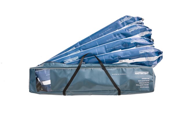 blue mastertent side wall bag made of sturdy PVC with side window and carrying straps containing four side walls with wall covers