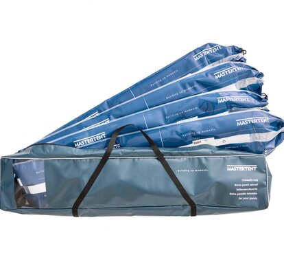 blue mastertent side wall bag made of sturdy PVC with side window and carrying straps containing four side walls with wall covers